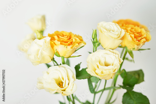 Yellow Roses for Mother s Day on a white wooden background.
