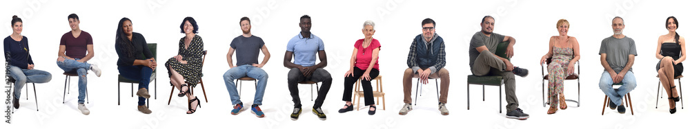 group of mixed people sitting on white - obrazy, fototapety, plakaty 