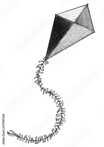 Kite illustration, drawing, engraving, ink, line art, vector