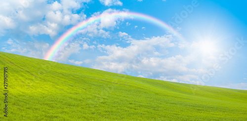 Beautiful landscape with green grass field on the background amazing rainbow 