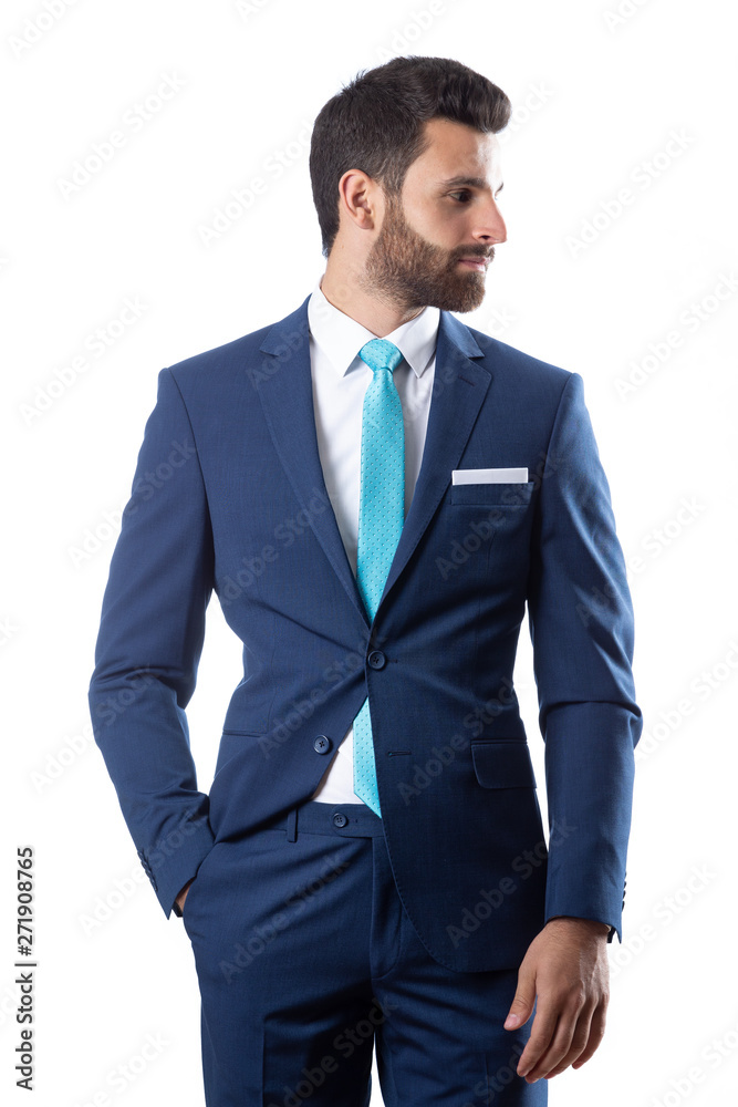 A young man wearing suit on a white background