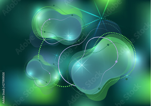 Abstract dynamic fluid against a bright gradient mesh. Liquid dynamics with forms and elements.