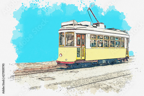 Watercolor sketch or illustration of a traditional yellow tram in Lisbon in Portugal.