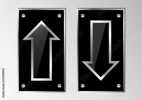 Bright abstract metal plate with an arrow, a pointer. Shiny silver edging with bolts.