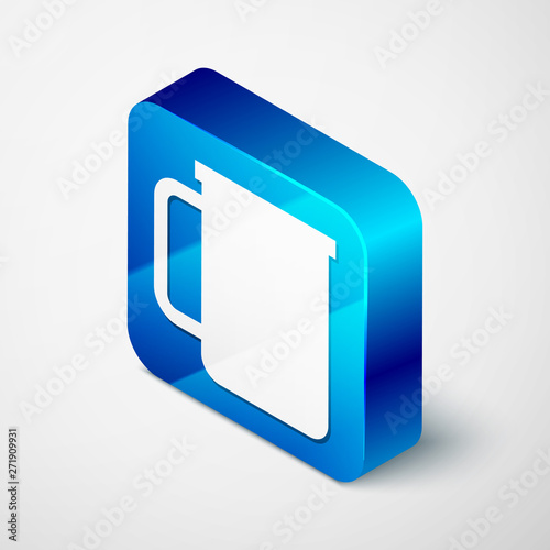 Isometric Coffee cup flat icon isolated on white background. Tea cup. Hot drink coffee. Blue square button. Vector Illustration