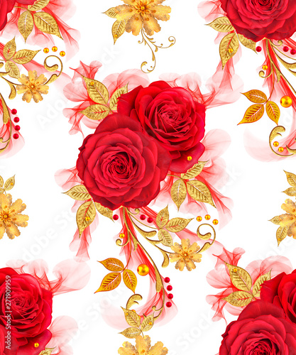 Seamless pattern. Decorative ornament, paisley element, delicate textured leaves made of fine lace and pearls. Jeweled shiny curls, red roses, stylish yellow flowers. Openwork weaving delicate.
