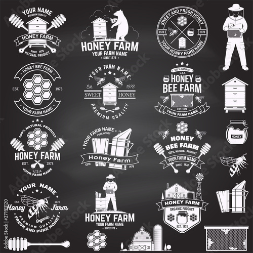 Set of Honey bee farm badge. Vector. Concept for print, stamp or tee. Vintage typography design with bee, honeycomb piece, hive and honey dipper silhouette. Design for honey bee farm business