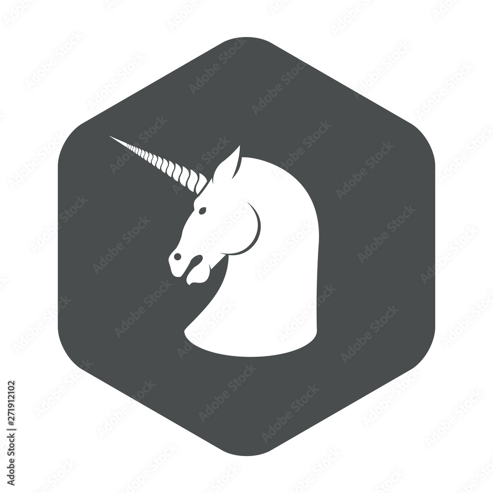 Icono plano silueta cabeza de unicornio en hexágono color gris Icono plano silueta cabeza de unicornio en hexágono color gris