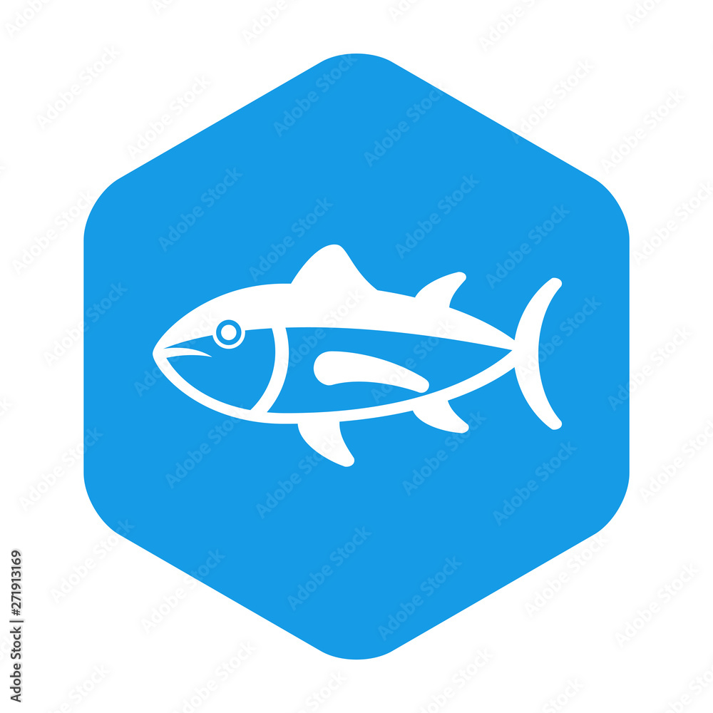 Icono plano atún en hexágono color azul Icono plano atún en hexágono color azul