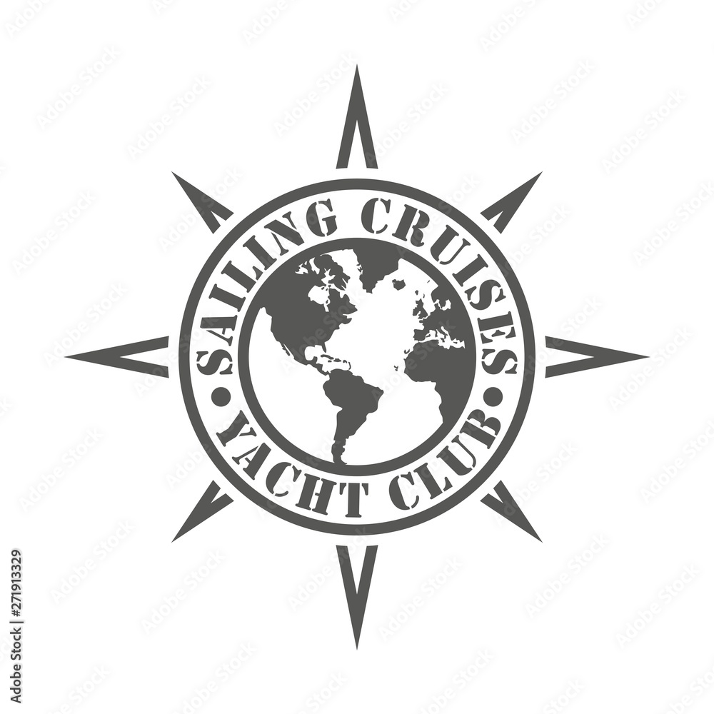 Black and white illustration of a yacht club logo. Illustration on the theme of sea travel. Yacht club logo
