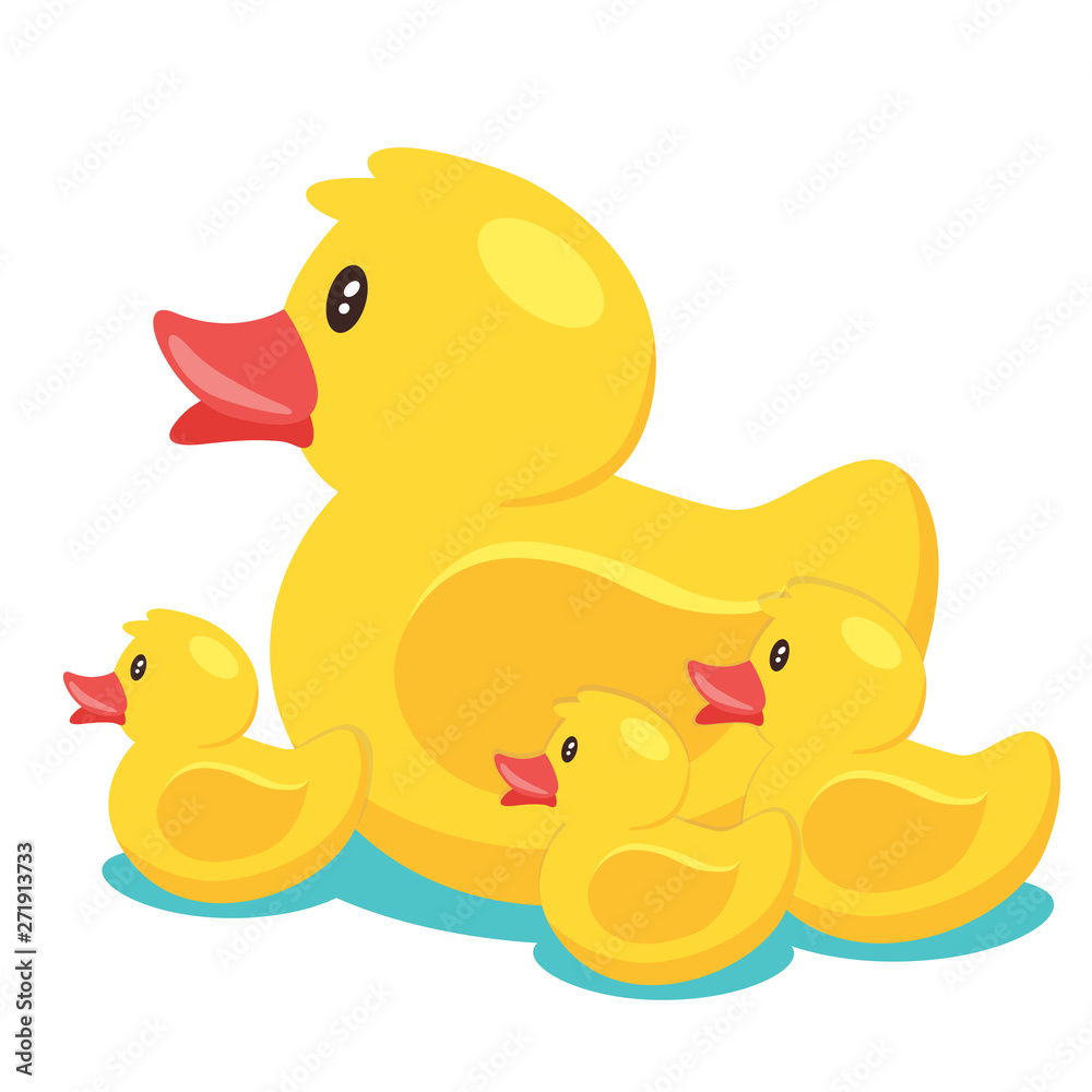 Fototapeta premium Yellow cute cartoon rubber bath duck in blue water. vector illustration