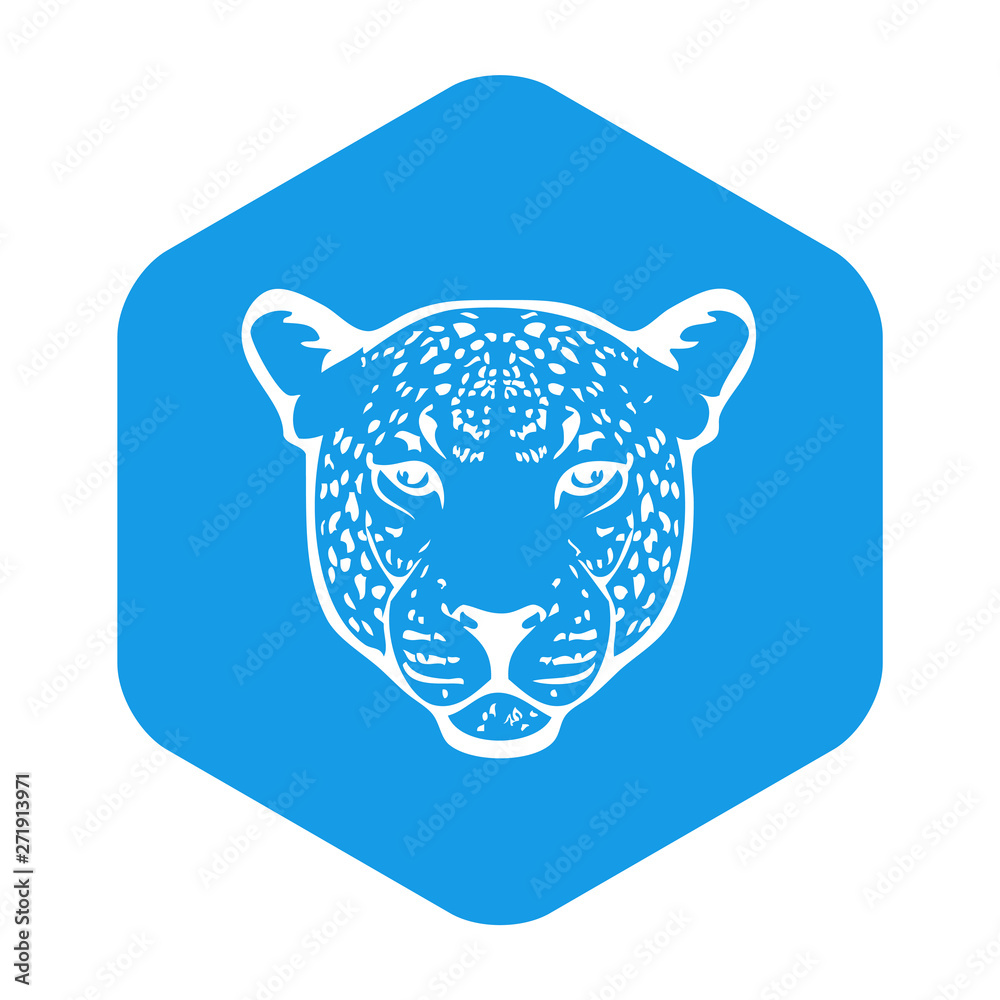 Icono plano silueta cabeza de leopardo en hexágono color azul Icono plano silueta cabeza de leopardo en hexágono color azul