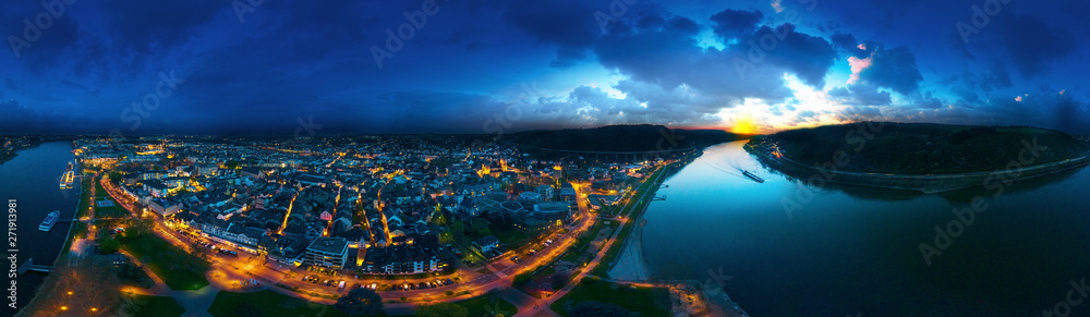 aerial view of andernach city germany at night