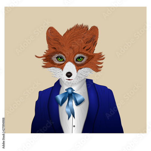 fox dressed in a tuxedo with present, anthropomorphic illustration, festive character, vector illustration