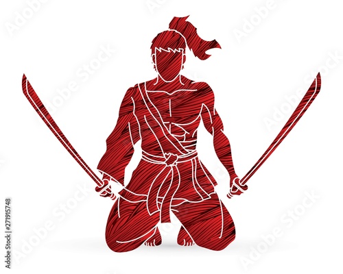Samurai warrior sitting with swords cartoon graphic vector.