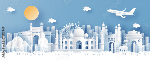 Panorama view of India with Taj Mahal and skyline with world famous landmarks in paper cut style vector illustration