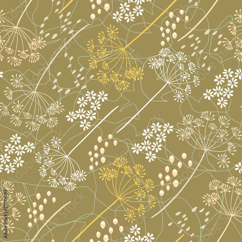 Vector organic floral seamless abstract background, botanical motif, freehand doodles pattern. Hand drawn fennel or dill flowers and abstract leaves outlines in pastel colors.