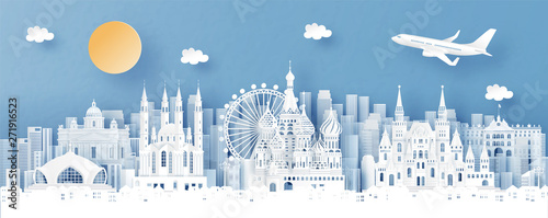 Panorama view of Moscow, Russia and city skyline with world famous landmarks in paper cut style vector illustration
