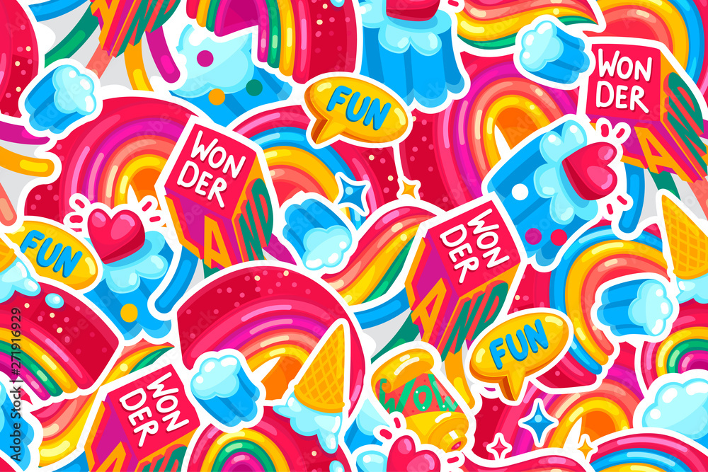 Wonderland rainbow vector seamless pattern. Stickers color background 