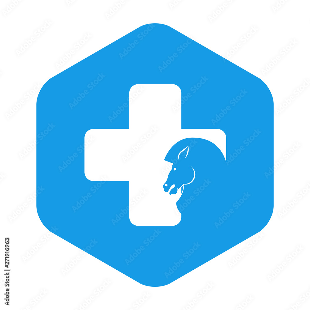 Símbolo clínica veterinaria. Icono plano cabeza de caballo en cruz en hexágono color azul Símbolo clínica veterinaria. Icono plano cabeza de caballo en cruz en hexágono color azul