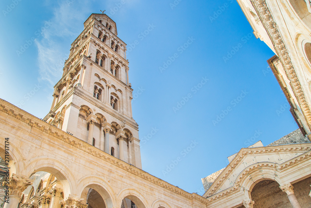 Split, Dalmatia, Croatia, cathedral of Saint Domnius and Diocletian Palace in Split, Dalmatia, Croatia, historic Peristil UNESCO world heritage site