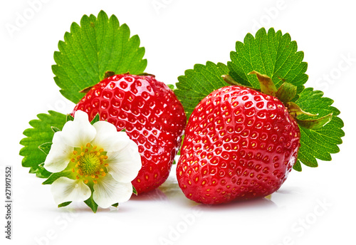 Strawberries with green leaf and flowers  isolated on white background.