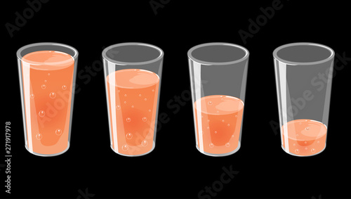 Set of glasses with fresh sparkling juice. Full and empty. Vector illustration isolated on black background. photo
