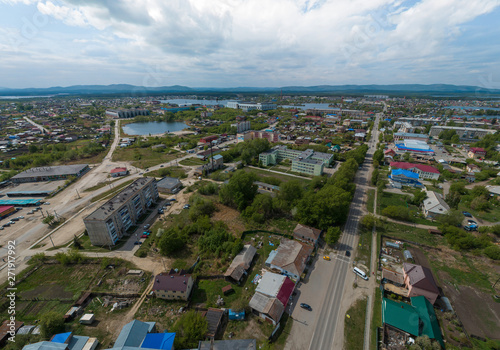 Kasli city, low buildings, summer, sunny. Chelyabinsk region. Aerial photo