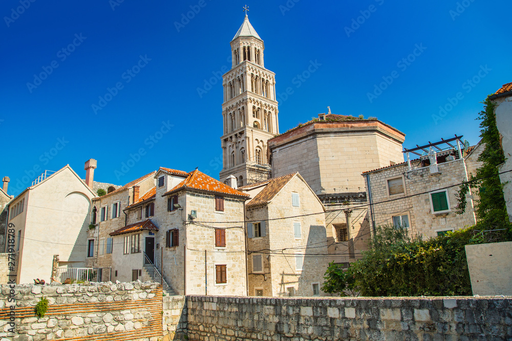 Split, Croatia UNESCO World Heritage Site. Old town houses and tower of cathedral in roman emperor Diocletian palace