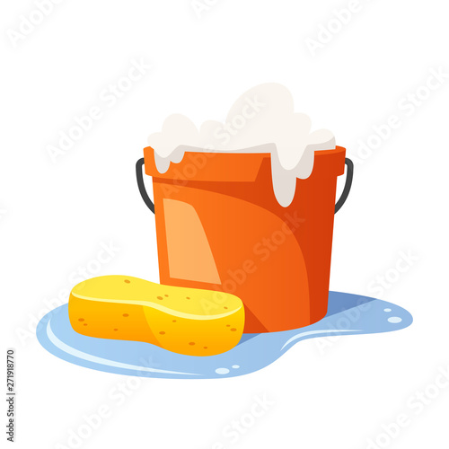 Bucket and sponge cleaning vector isolated illustration