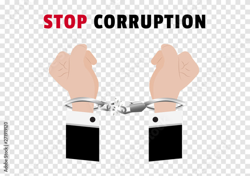 A vector of stop corruption campainge with hands of businessman arrested Control by putting silver handcuffs and lock the shackle isolated on transparency background