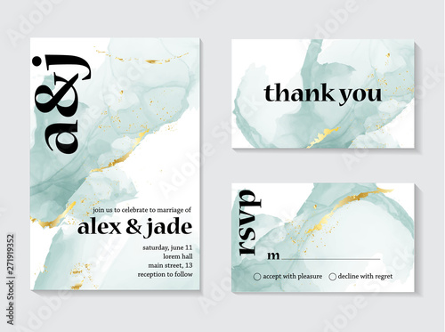 Set of wedding ink liquid card with typography. Wedding invitation concept. Tender mint gold poster, invite. Vector decorative greeting card or invitation design background - Vector