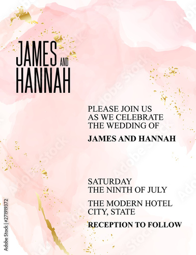 Alcohol ink rose gold wedding invitation template. Tender soft pink gold card with liquid paint background. Summer greeting card decoration. Vector