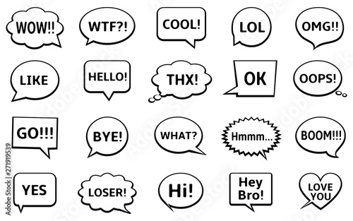 Speech bubbles set with short messages - yes, cool, omg, wow, hello, bye, and other.