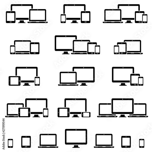 Responsive web design icons for computer monitor, smartphone, tablet and laptop. Responsive web design icons in different positions.