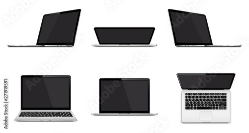 Set of modern laptop with blank screen isolated on white background