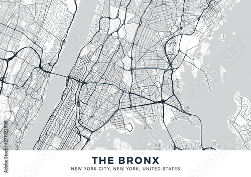 The Bronx map. Light poster with map of The Bronx borough (New York, United States). Highly detailed map of The Bronx with water objects, roads, railways, etc. Printable poster. photo