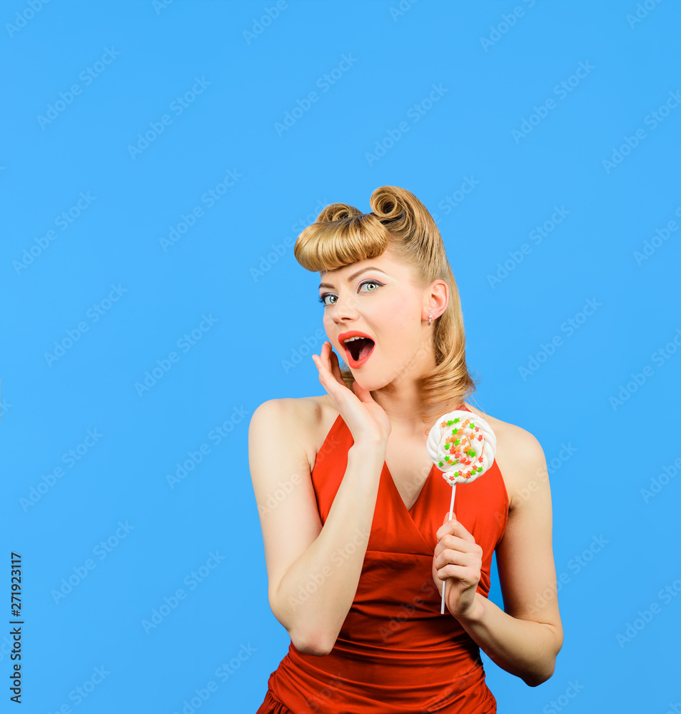 Lollipop. Sweet food. Sweets. Dessert. Sexy woman eating lollipop. Pin up  model with lollipop in hand. Sexy girl with colourful candy. Candy store. Candy  shop. Candy bar. Stock Photo | Adobe Stock