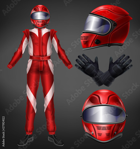 Motorcycle or auto racer, racing team driver suit, protective uniform with full-face helmet, black gloves, boots and red, one-piece overalls realistic vector illustration isolated on black background