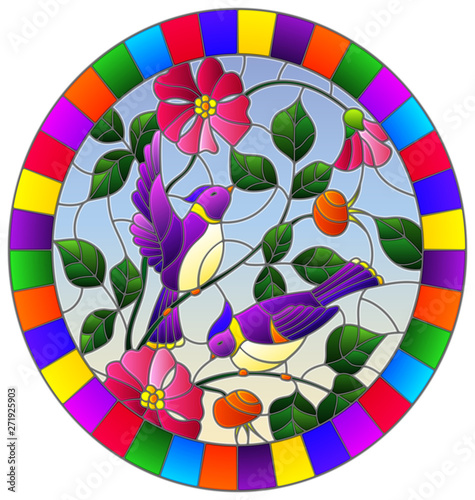Fotografie Illustration in stained glass style with two purple birds on the branches of blo