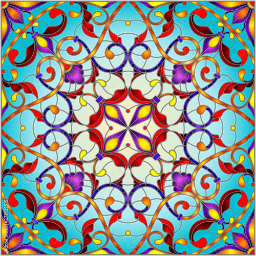 Illustration in stained glass style with abstract floral ornaments, flowers, leaves and curls on blue background, square image