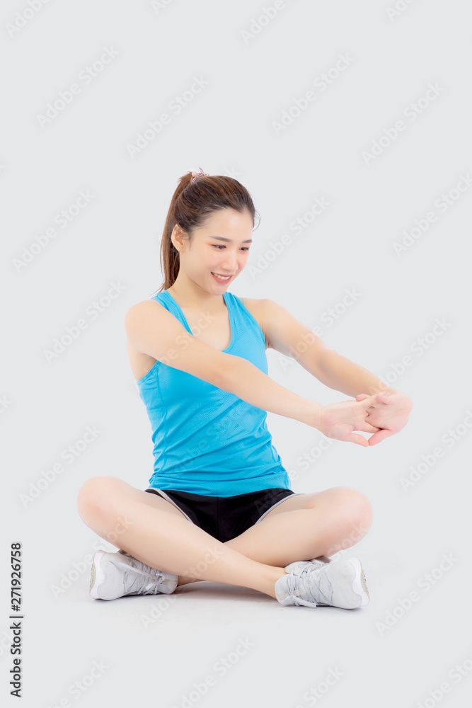 Beautiful portrait young asian woman sitting stretch muscle arm workout isolated on white background, girl wear sport clothes exercise and yoga for health, wellness concept. Beautiful portrait young asian woman sitting stretch muscle arm workout isolated on white background, girl wear sport clothes exercise and yoga for health, wellness concept.