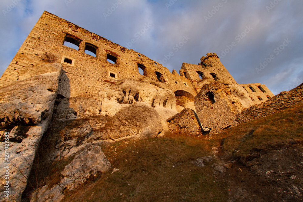 Castle ruins in Poland during sunset.