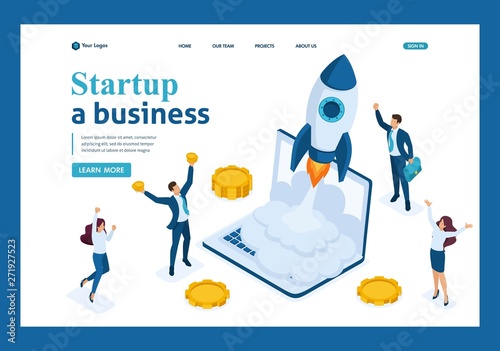 Isometric business startup, businessmen rejoice rocket take-off from laptop, business investment. Template Landing page