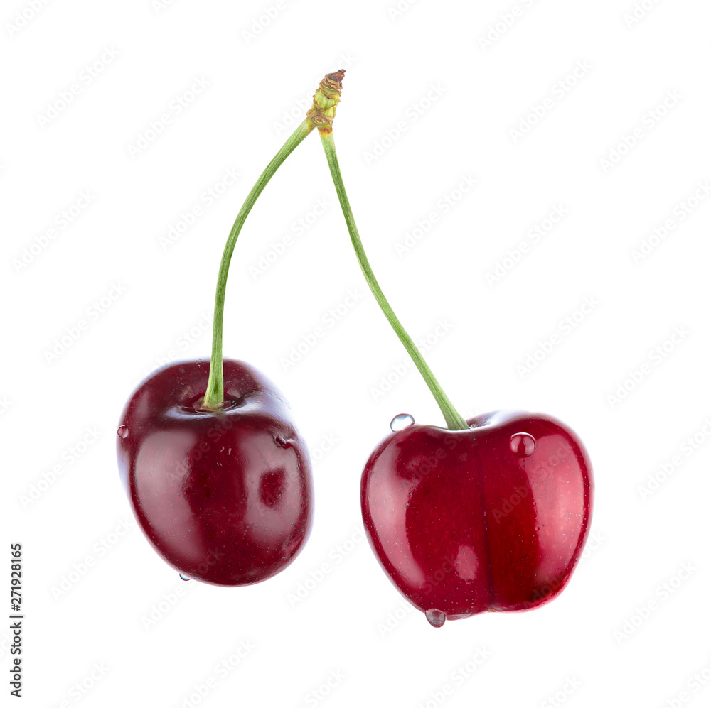 Two cherries isolated on white background. Full sharpness. Two cherries isolated on white background. Full sharpness.