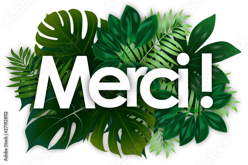 Merci word and green tropical’s leaves background photo
