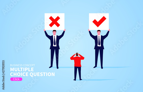 Businessman is confused about the choice between mistake and right