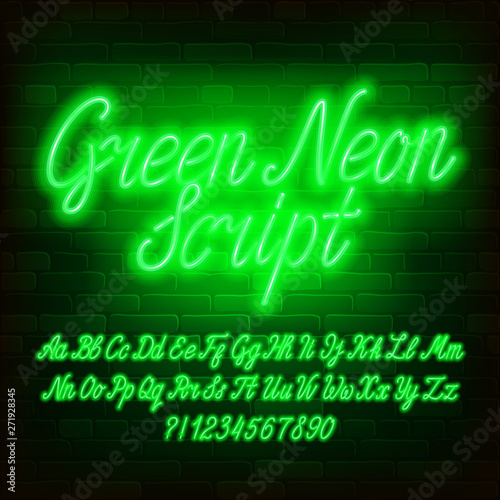 Green Neon Script alphabet font. Neon color lowercase and uppercase letters and numbers. Brick wall background. Stock vector typescript for your typography design.