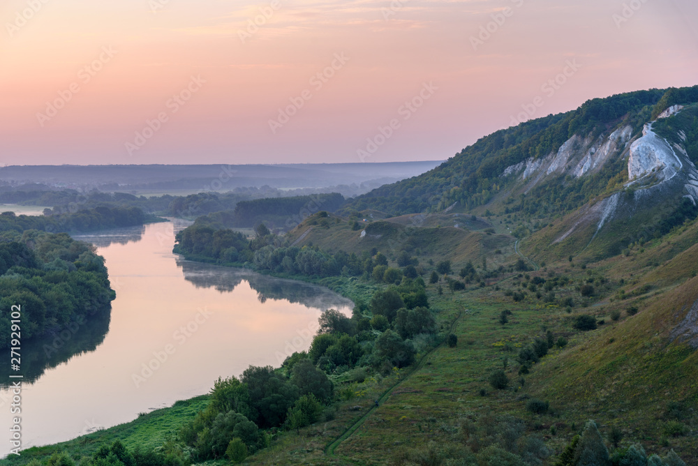 Dawn landscape. River Don at the foot of the chalk mountains. Storozhevoe village - Voronezh region, Russia