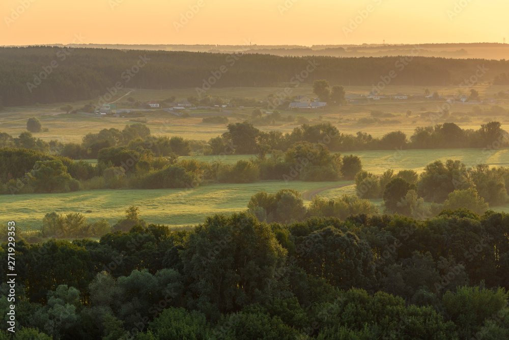 Morning landscape - flood meadows and forest at sunrise. Voronezh region, Russia